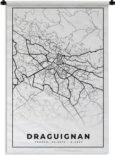Wandkleed - Wanddoek - Plattegrond - Draguignan - Kaart - Frankrijk - Stadskaart - Zwart wit - 120x180 cm - Wandtapijt