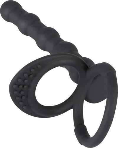 Black Velvets – Siliconen Cock en Ball Ring met Stevige Anale Kralen voor Dubbele Penetratie – 19 cm – Zwart