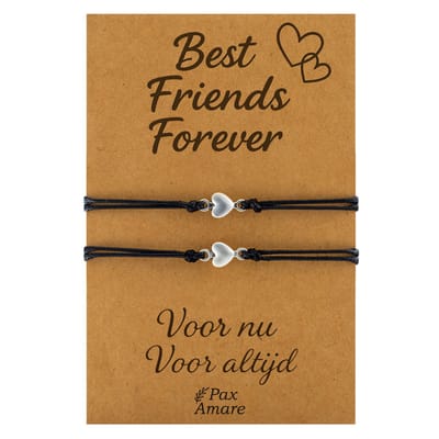 Vriendschapsarmbandjes voor 2 "Best Friends Forever" - Kleine Hartjes - BFF Armbandjes met Cadeau Kaartje - Zwart & Zilverkleurig - Elastisch Verstelbaar - Pax Amare