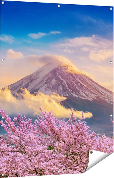 Gards Tuinposter Fuji Berg met Roze Bloesembomen - Bloemen - 90x120 cm - Tuindoek - Tuindecoratie - Wanddecoratie buiten - Tuinschilderij
