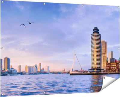 Gards Tuinposter Rotterdamse Skyline aan het Water - 150x100 cm - Tuindoek - Tuindecoratie - Wanddecoratie buiten - Tuinschilderij