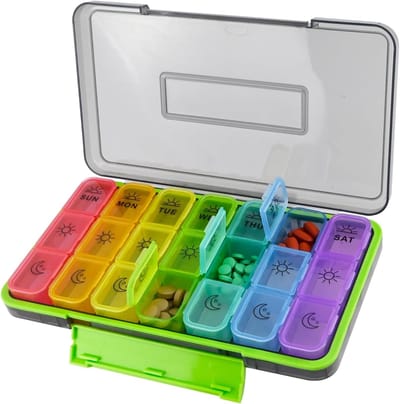 Pillendoosjes - Medicijndoosje 7 dagen – Ochtend, middag, avond; medicijnbox met 21 vakjes; BPA-vrij, compact en vochtbestendig; voorzien van zon-/maan-symbolen; geschikt voor op reis, thuisgebruik en senioren