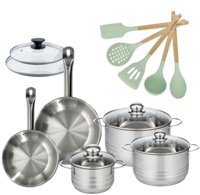 Set van 2 Pannen 20/24cm en 3 Kookpotten 16/20/24cm Fackelmann Etherna met 5 keukengerei