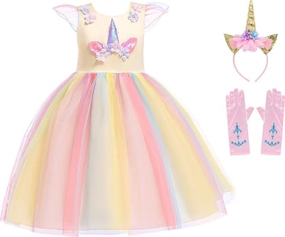 Unicorn Jurk | Eenhoorn Jurk | Prinsessenjurk Meisje | maat 134/140 (140) |Verkleedkleren Meisje |Prinsessen Verkleedkleding | Carnavalskleding Kinderen | Haarband |Handschoenen|Geel