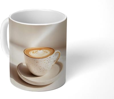 Mok - Koffiemok - Cappuccino - Schuim - Schotel - Beige - Mokken - 350 ML - Beker - Koffiemokken - Theemok
