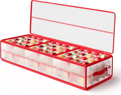 Famanu - Kerstversieringsdoos, 96 compartimenten (elk 7,6 cm), 96,5 x 33,5 x 17,5 cm, verdelers, Oxford-stof, ritstrekkers, kersenrood