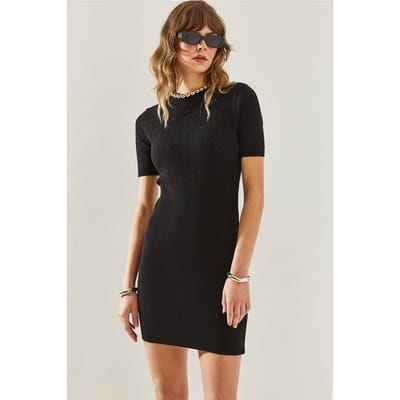 Slim Fit Brei Midi Jurk met Ronde Hals