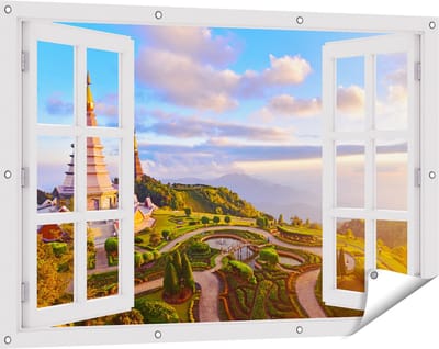 Gards Tuinposter Doorkijk Pagode Tempels in de Inthanon Berg in Thailand - 120x80 cm - Tuindoek - Tuindecoratie - Wanddecoratie buiten - Tuinschilderij