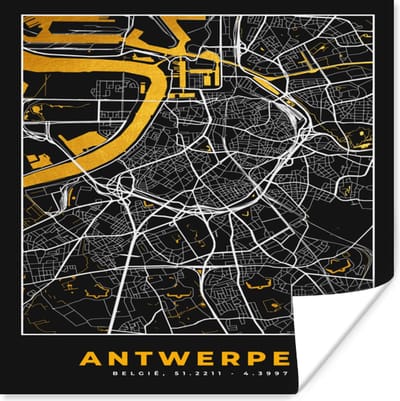 Poster Antwerpen - Stadskaart - Kaart - Goud - Plattegrond - 100x100 cm XXL