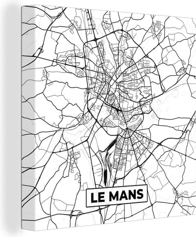 Canvas Schilderij Stadskaart - Le Mans - Plattegrond - Kaart - Frankrijk - Zwart wit - 20x20 cm - Wanddecoratie