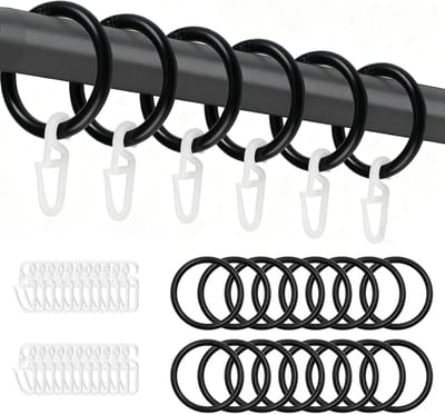 Dailygoods - 100 stuks gordijnringen en kunststof gordijnhaken, kunststof gordijnringen, gordijnringen voor 28 mm binnendiameter, douchegordijnringen, zwart, voor ramen, douchegordijnen, rails