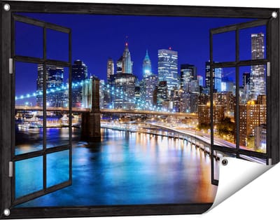 Gards Tuinposter Doorkijk Skyline New York in het Centrum - 90x60 cm - Tuindoek - Tuindecoratie - Wanddecoratie buiten - Tuinschilderij