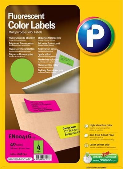 Printec Fluoriscerend Neon Groen Etiketten - 10 Vel - 105x148.5mm - 4 Labels per A4 - 40 Stickers