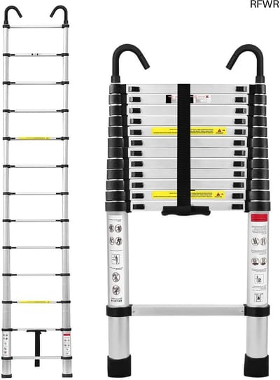 RFWR® Telescopische ladder 4,4 m met afneembare haken - multifunctionele aluminium ladder met antislip voetjes