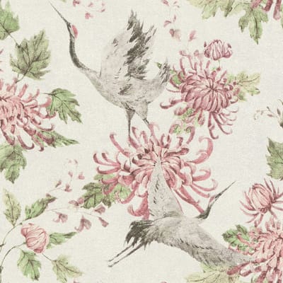 Vogels behang Profhome 374642-GU vliesbehang glad met Toile de Jouy patroon mat roze groen wit 5,33 m2