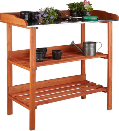 oppottafel met metalen plaat - 3 etages - hout - 87,5 x 91,8 x 41,5 cm - oranje