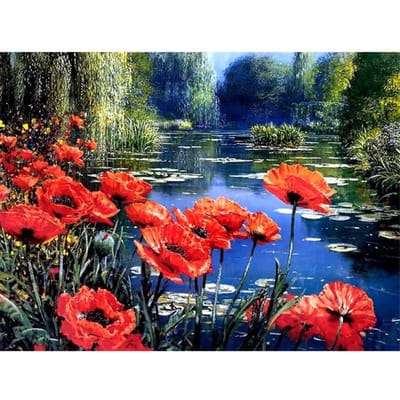 Diamant Schilderij Bloemenmeer Landschap Borduurwerk Ambachtelijk Werk Diamant Borduren Kruissteek Muurkunst 20X30CM red
