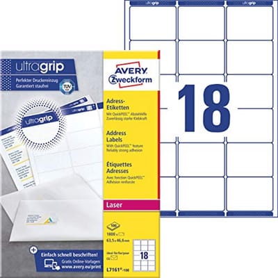 Adreslabels A4 met Ultragrip - Zelfklevend, 63,5 x 46,6 mm, 1800 Stuks