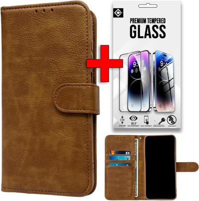 Casemania Hoesje & Glas Geschikt voor Apple iPhone 16e - Bruin - Portemonnee Book Case - Glazen Screenprotector