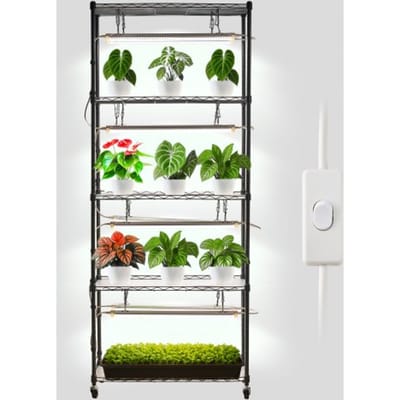 VEVOR DIY plantenrek met groeilampen, plantenstandaard op wielen, 192W 5000K full-spectrum lampen, metalen plantenrek, bloemenrek voor het opkweken van zaailingen, 750x350x1800mm