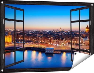 Gards Tuinposter Doorkijk Amsterdam Centrum in de Nacht - 90x60 cm - Tuindoek - Tuindecoratie - Wanddecoratie buiten - Tuinschilderij