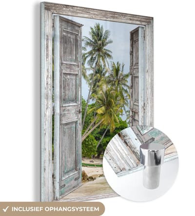 MuchoWow® Glasschilderij 30x40 cm - Schilderij acrylglas - Tropisch - Palmboom - Doorkijk - Zee - Foto op glas - Schilderijen