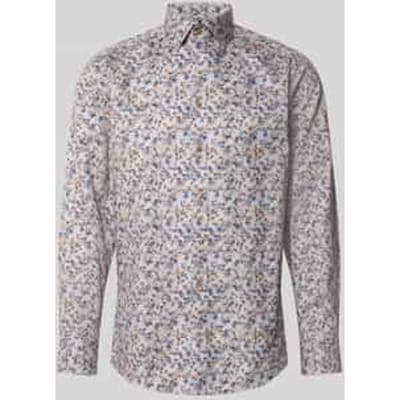 OLYMP Luxor modern fit overhemd - dobby - beige met blauw en groen dessin - Strijkvrij - Boordmaat: 45 (EU maat: XXL)
