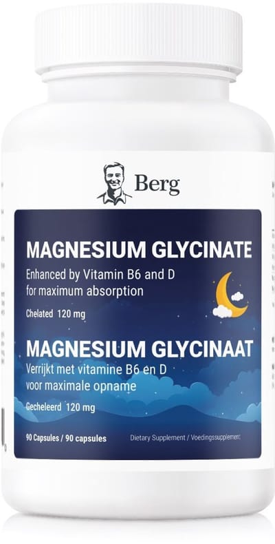 Berg Magnesium Bisglycinaat 400 mg – Met Vitamine D, Vitamine B6 & Zink – 90 Plantaardige Capsules