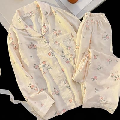 Damespyjama Herfst Lente Lange Mouw Zachte Nachtkleding Set Kersen Bloemen Cartoon Pyjama Vrouw Huis Nachtkleding Set Vest XXL beige