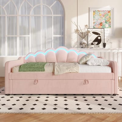 BLACKCOLORS Dagbed, slaapbank, hydraulisch bed, met opbergruimte, eenpersoonsbed (zonder matras), fluweel, LED-strip met wisselende kleuren, 90x200cm, roze