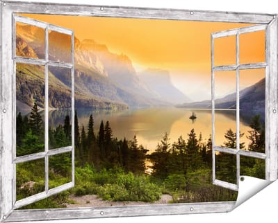 Gards Tuinposter Doorkijk Bergen met een Meer in Nationaal Park Glacier - 150x100 cm - Tuindoek - Tuindecoratie - Wanddecoratie buiten - Tuinschilderij