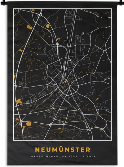 Wandkleed - Wanddoek - Duitsland – Black and Gold – Neumünster – Stadskaart – Kaart – Plattegrond - 120x180 cm - Wandtapijt
