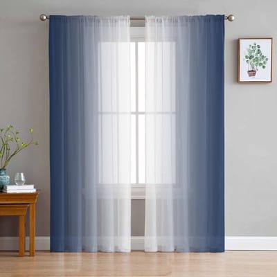 Donkerblauw en Wit Verloop Minimalistische Raamtule Gordijnen voor Woonkamer Slaapkamer Hotel Luxe Decoratie Doorzichtige Gordijnen 135W x 114H(cm) blue