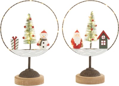 J-Line decoratie Cirkel Op Voet + Kerstman/Sneeuwman - hout/metaal - 2 st. - LED lichtjes