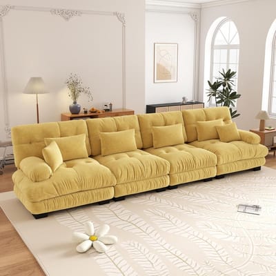 4-zits Bank, Modulaire Hoekbank met Diepe Zitting, Chenille Slaapbank, Comfortabel Bekleed voor Woonkamer, Appartement, Studio, Kantoor, Chenille-geel