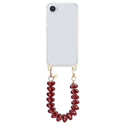 Selencia Transparant Hoesje met Haakjes inclusief Hartjes Polskoord - Geschikt voor Apple iPhone 17e / 16e - Burgundy