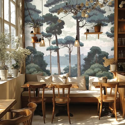 Fotobehang Profhome 790156-GU vliesbehang hardvinyl warmdruk in reliëf licht gestructureerd met bosmotief mat blauw antracietgrijs crèmewit groen 1,59 m x 2,8 m