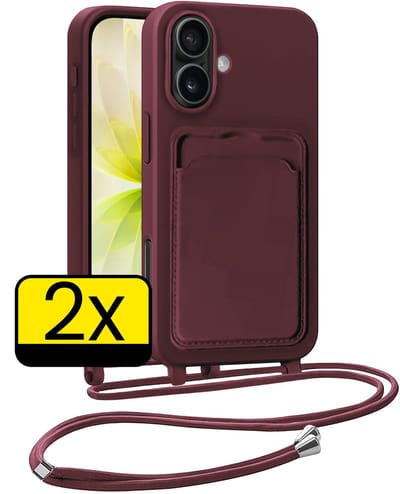 Hoesje Geschikt voor iPhone 17 Telefoonhoesje Met Koord Case Pashouder Siliconen - Hoes Geschikt voor iPhone 17 Hoesje Met Kaarthouder - Aubergine - 2 Stuks