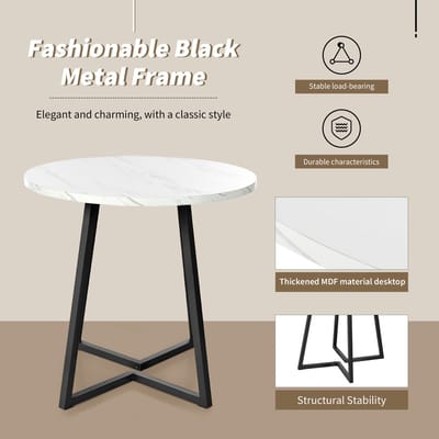 Gutent Ronde Eettafel (1 stuk), Wit/Zwart, MDF-materiaal, Eettafel voor keuken, uniek metalen frame, moderne eettafel met marmerpatroon voor eetkamer, woonkamer