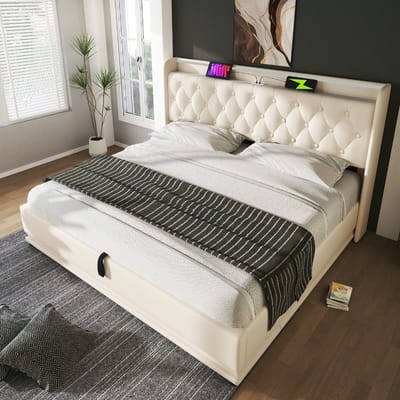 VVBV Gestoffeerd Opbergbed 140x200 cm - Hydraulische Opbergruimte, 360° LED, App-bediening - PU-leer Wit - Zonder Matras