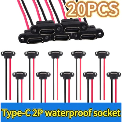 USB 3.1 Type-C Vrouwelijke Connector voor Chassis 2 Pins met Rubberen Ring, Waterdichte Stekker 3A Snelladen Hoge Stroom, Soldeerpoort, voor Elektronica, Klussen en Professioneel