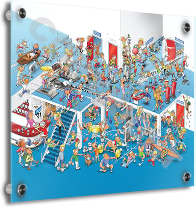 Fitness Cartoon op plexiglas - Uniek ontwerp - Roland Hols - Sportschool - 40 x 40 cm - 5 mm dik - Decoratie - inclusief 4 afstandhouders chroom (zilverkleurig)