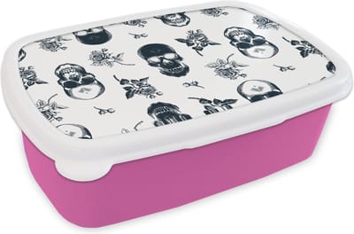 Broodtrommel Roze - Lunchbox - Brooddoos - Tiener - Skull - Rozen - Patroon - 18x12x6 cm - Kinderen - Meisje