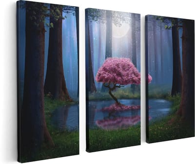 Artaza Canvas Schilderij Drieluik Roze Boom Op Een Vijver In De Nacht - 120x80 - Foto Op Canvas - Canvas Print