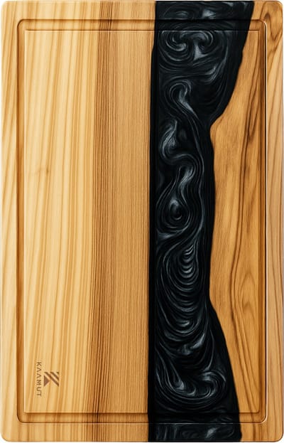 KAAMUT® Snijplank van Massief Olijfhout met Obsidiaan Epoxyhars – 42×27×2,2 cm – Met Sapgeul – Duurzaam & Tijdloos Design