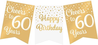 Vlaggenlijn | Set á 3 stuks | Feestvlaggen banner goud wit | met tekst 60 jaar | 6 meter | 10 vlaggen | hoogte 20 cm