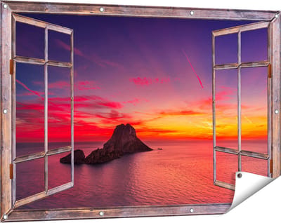 Gards Tuinposter Doorkijk Ibiza Rotsen Eiland bij Zonsondergang - 120x80 cm - Tuindoek - Tuindecoratie - Wanddecoratie buiten - Tuinschilderij