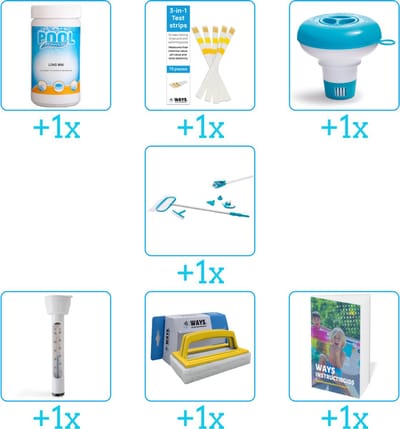 Zwembad Onderhoudspakket - Onderhoud Zwembad - bevat Chloor - Testrips - Chloordrijver - Schoonmaakset - Thermometer - Scrubborstel en Zwembadgids (7-delig)