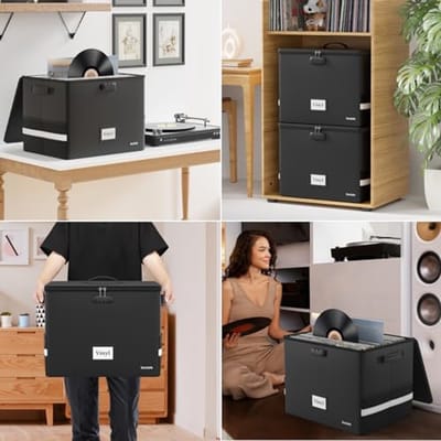 Vuurvaste Vinyl Record Opbergdoos met slot - Grote Organizer voor 150+ Enkele Records - Opvouwbare Krat met Deksel & Handgrepen