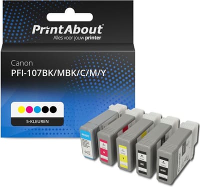 PrintAbout huismerk Inktcartridge PFI-107BK/MBK/C/M/Y 5-kleuren Multipack Geschikt voor Canon